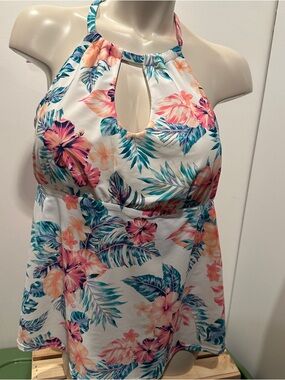 Raisins White Tropical Floral Halter Tankini top with Teal and Coral Print - 22W